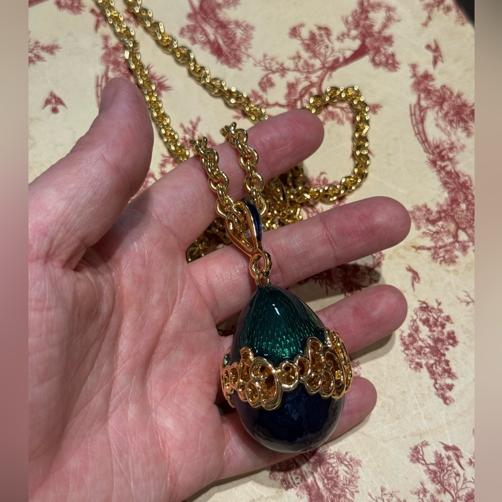 Vintage Nina Ricci Enameled Fabrege Egg Chain Necklace.